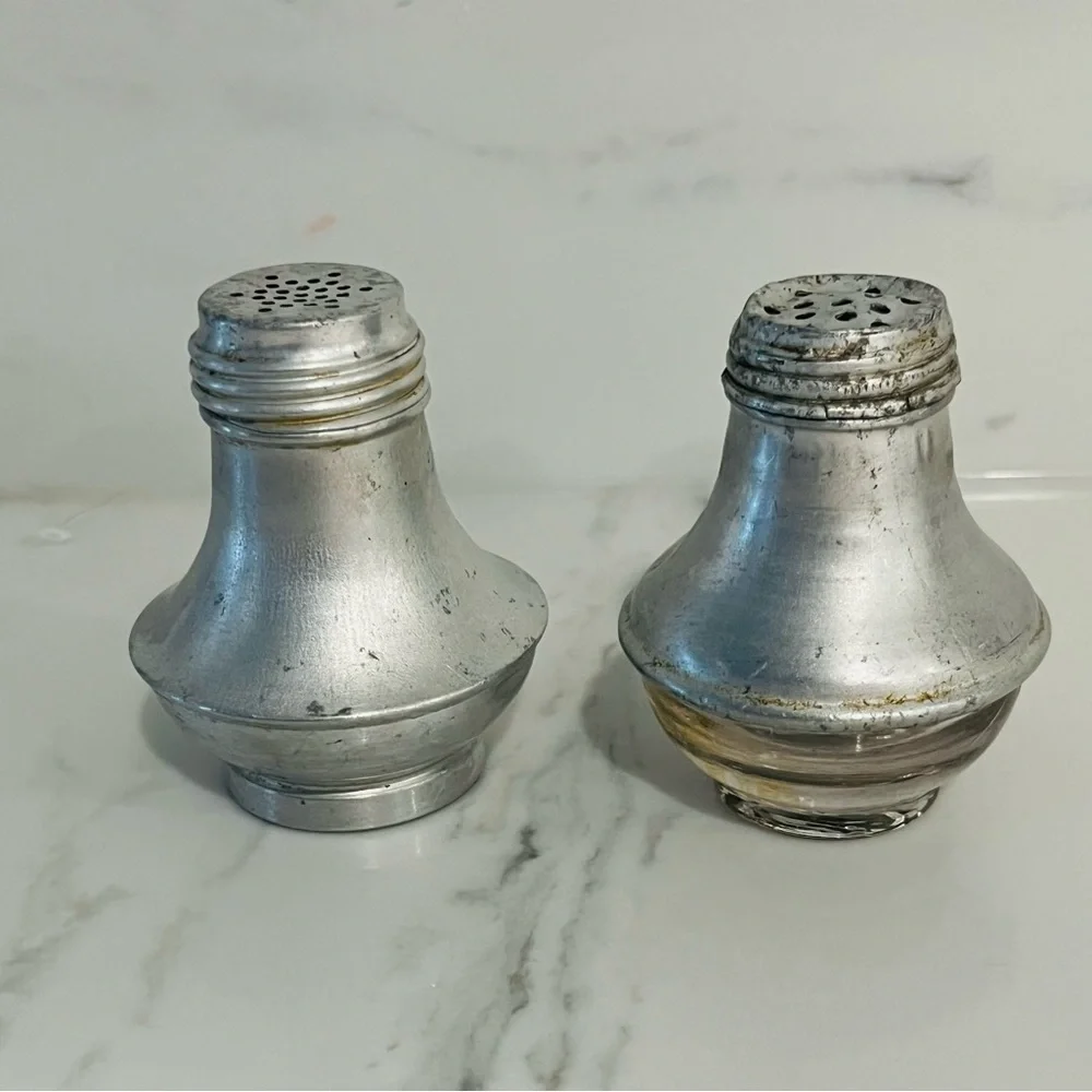 Vintage Salt & Pepper MCM 1950s Aluminum & Glass Americana Atomic Design
